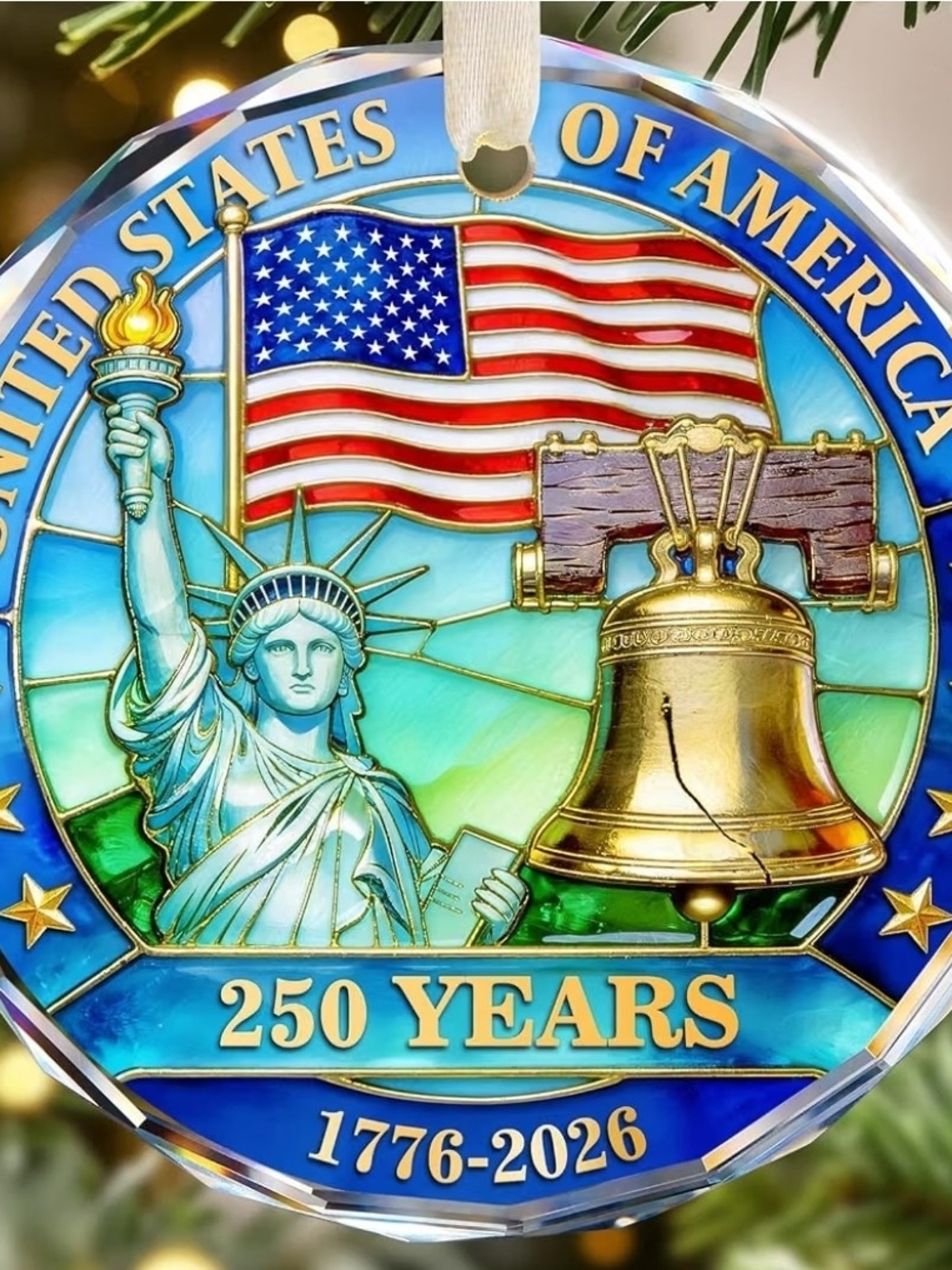 Patriotic 250th Anniversary Stained Glass Ornament Decoration | NEW IN BOX |